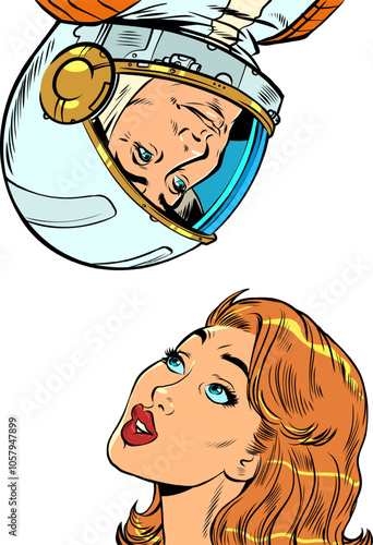 Communication between space and earth. The astronaut is on top, and the woman is looking at him. Connections without limits.