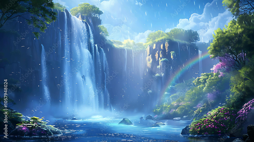 A beautiful waterfall in a lush green forest. The water is crystal clear and the sun is shining brightly, creating a rainbow in the mist. A beautiful waterfall in a lush green forest. The water is crystal clear and the sun is shining brightly, creating a rainbow in the mist.