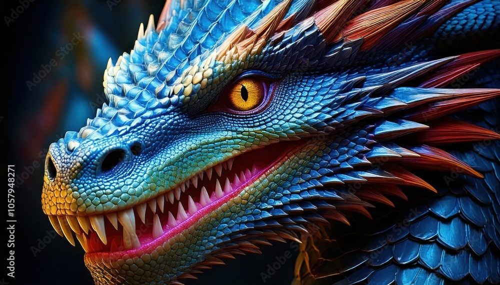 Obraz premium full body a blue dragon's face with sharp teeth and piercing eyes.