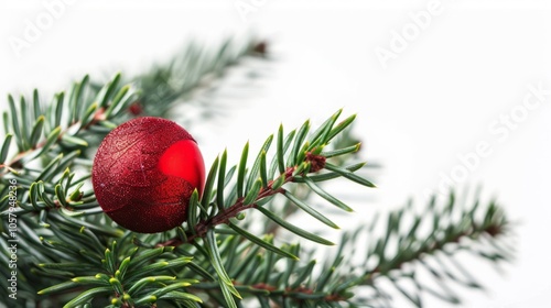 An evergreen fir tree adorned with a vibrant red Christmas ball stands out against a clean white background, creating a festive and elegant holiday 