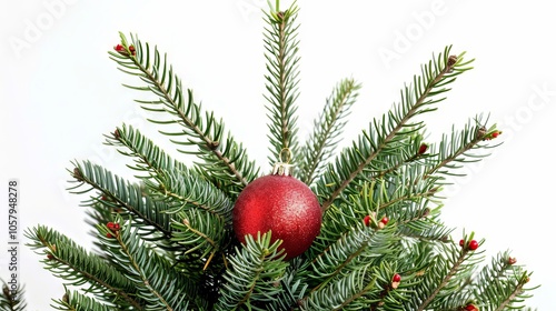 An evergreen fir tree adorned with a vibrant red Christmas ball stands out against a clean white background, creating a festive and elegant holiday 