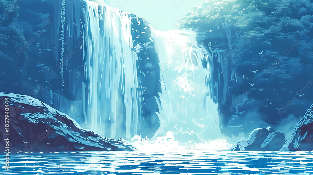 The image is of a waterfall in a forest. The waterfall is in the center of the image, and it is surrounded by trees. The image is of a waterfall in a forest. The waterfall is in the center of the image, and it is surrounded by trees.