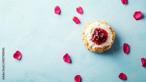 Classic scone with clotted cream and jam, isolated on a light blue background with scattered rose petals