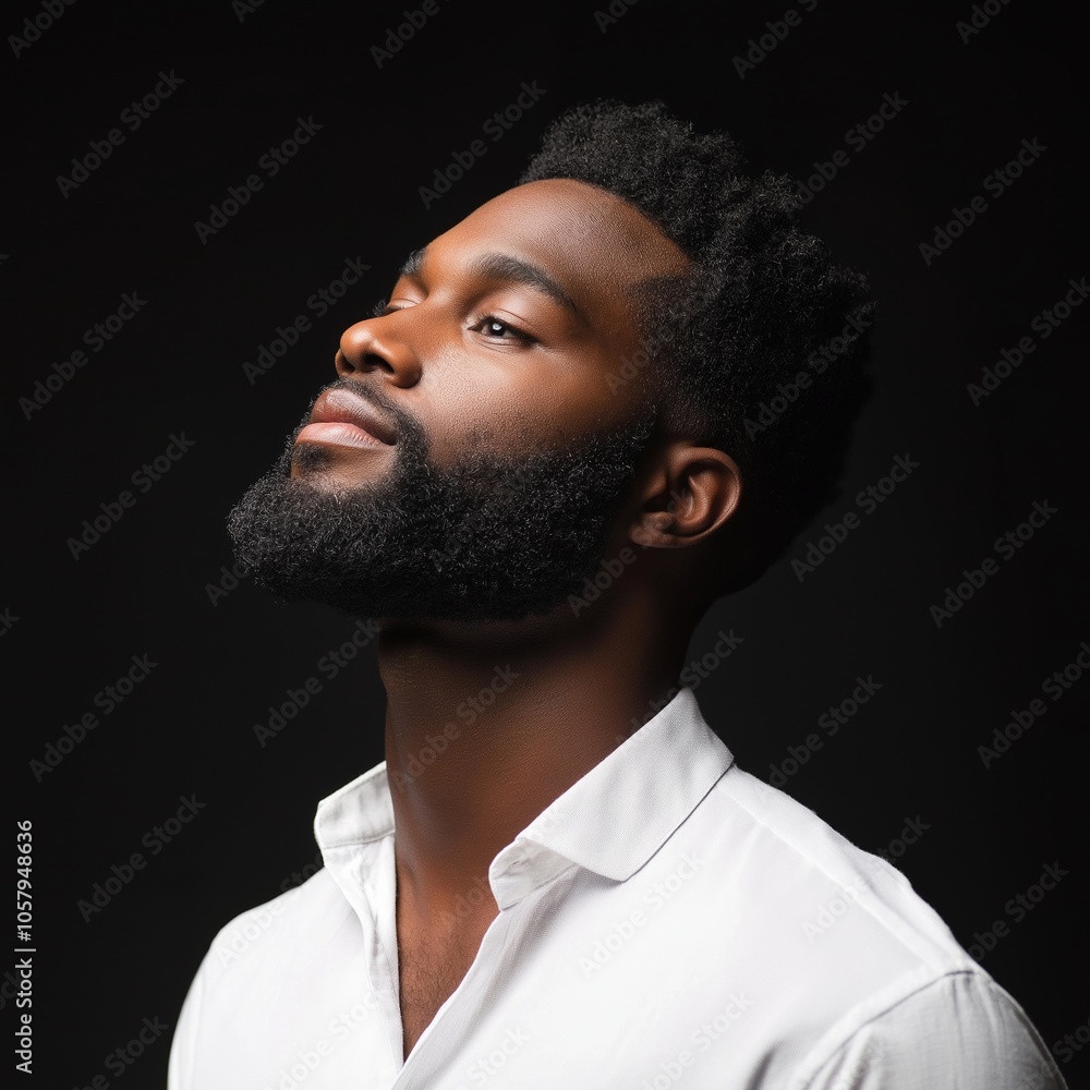 Obraz premium A striking portrait of a thoughtful man with a beard, wearing a white shirt against a dark backdrop.