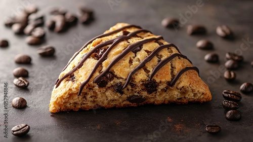 Espresso-flavored scone with dark chocolate drizzle, isolated on a charcoal background, with coffee beans photo