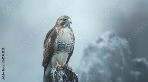 In this exquisite portrait, a majestic long-legged Buzzard, scientifically known as Buteo rufinus, takes center stage against a mesmerizing white foggy backdrop. The ethereal mist creat
