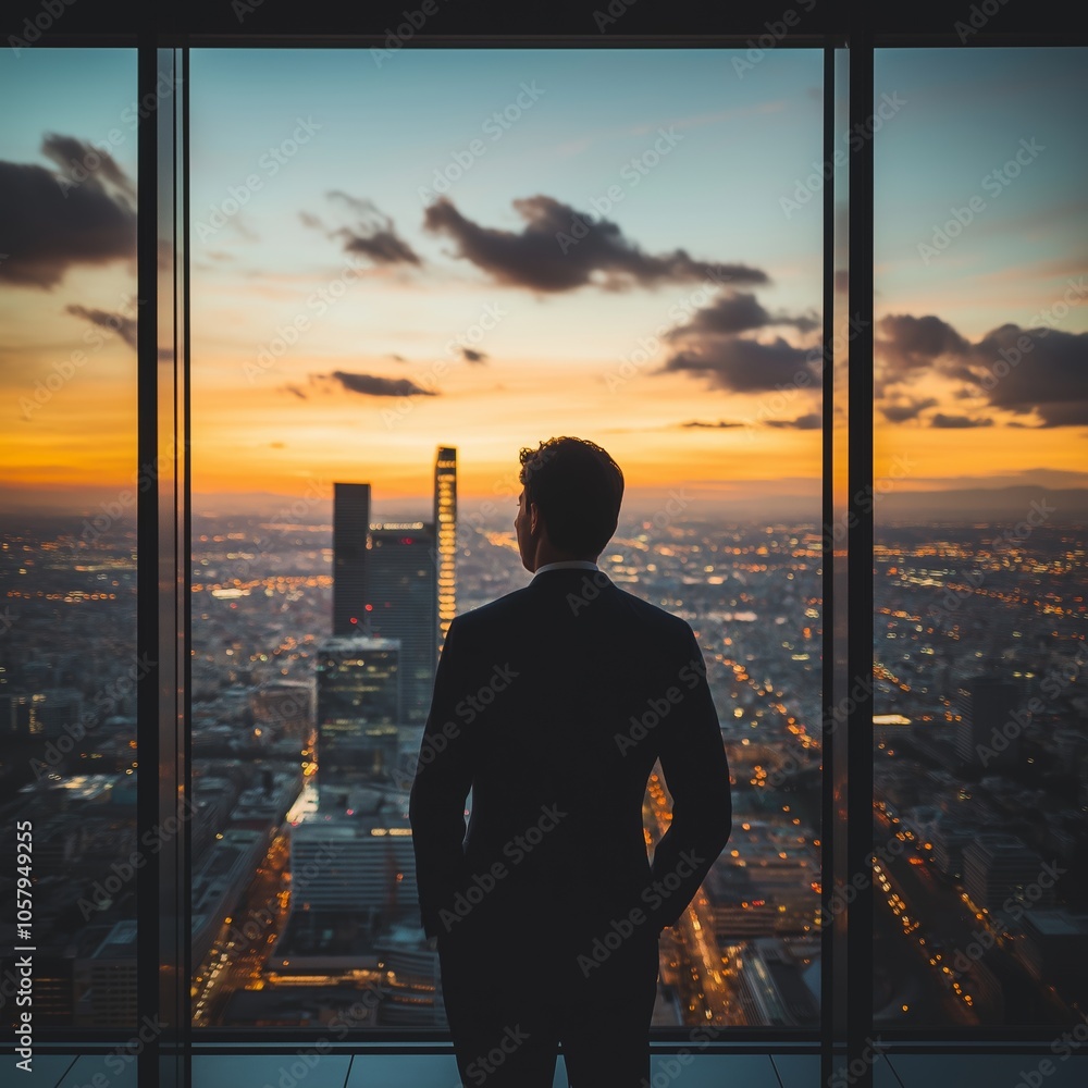 A suited man observes the sprawling cityscape filled with bright lights at dusk, embodying ambition and contemplation. A suited man observes the sprawling cityscape filled with bright lights at dusk, embodying ambition and contemplation.