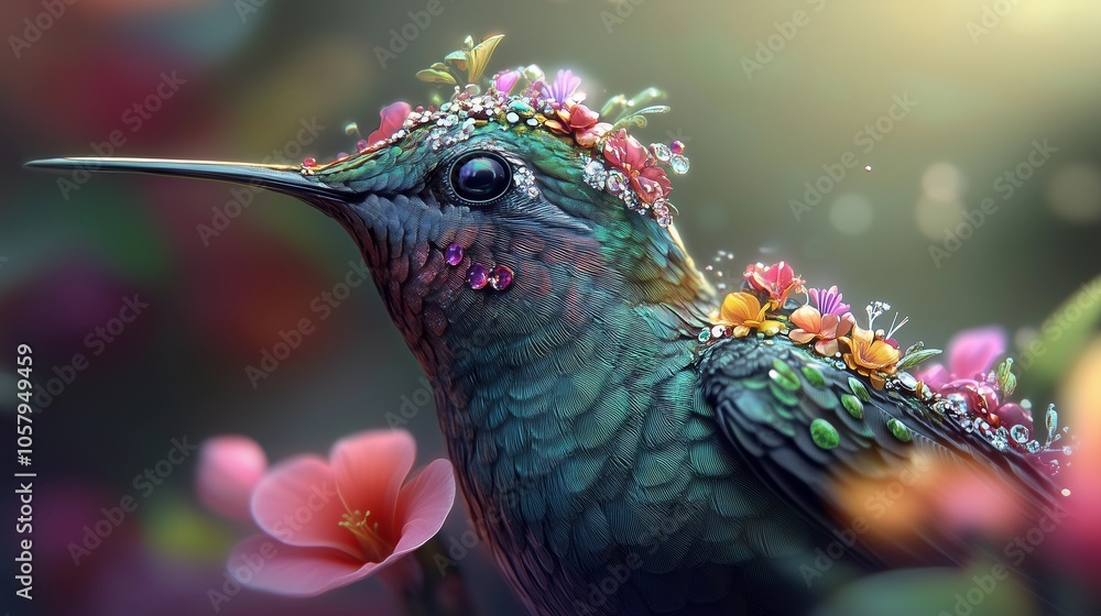 Obraz premium A resplendent hummingbird, jeweled with flowers, creating an exquisite spectacle of natural wonder.