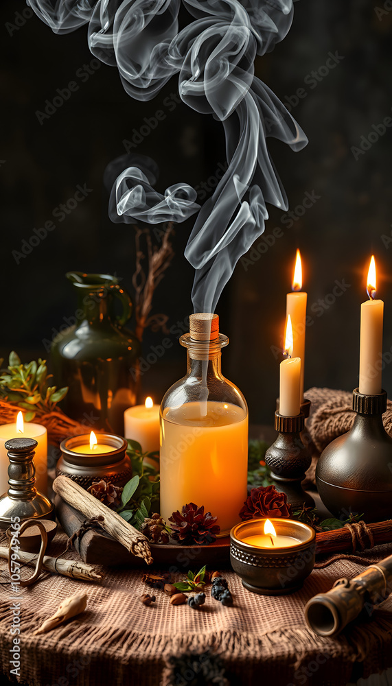 Witchcraft still life concept with smoking potion, herbs ingredients candles and magical equipment isolated with white highlights, png Witchcraft still life concept with smoking potion, herbs ingredients candles and magical equipment isolated with white highlights, png