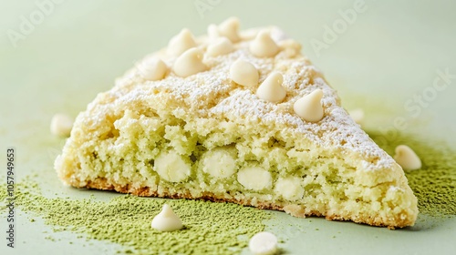 Matcha green tea scone with white chocolate chips, isolated on a pale green background with matcha powder photo