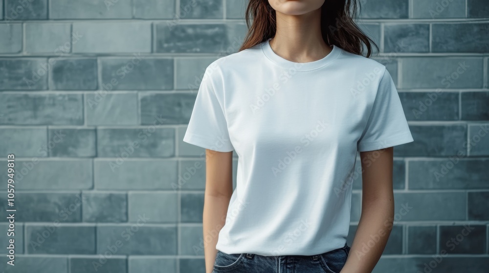 Woman in white tee against textured bricks. Mockup Woman in white tee against textured bricks. Mockup