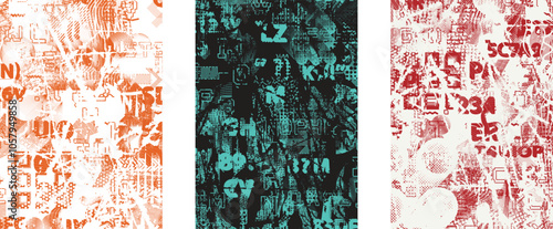 Set of posters with glitch distorted grunge texture. Poster collection texture with halftone dots, glitched shapes, textures and lines .Screen print vector poster pack with grunge textured surface