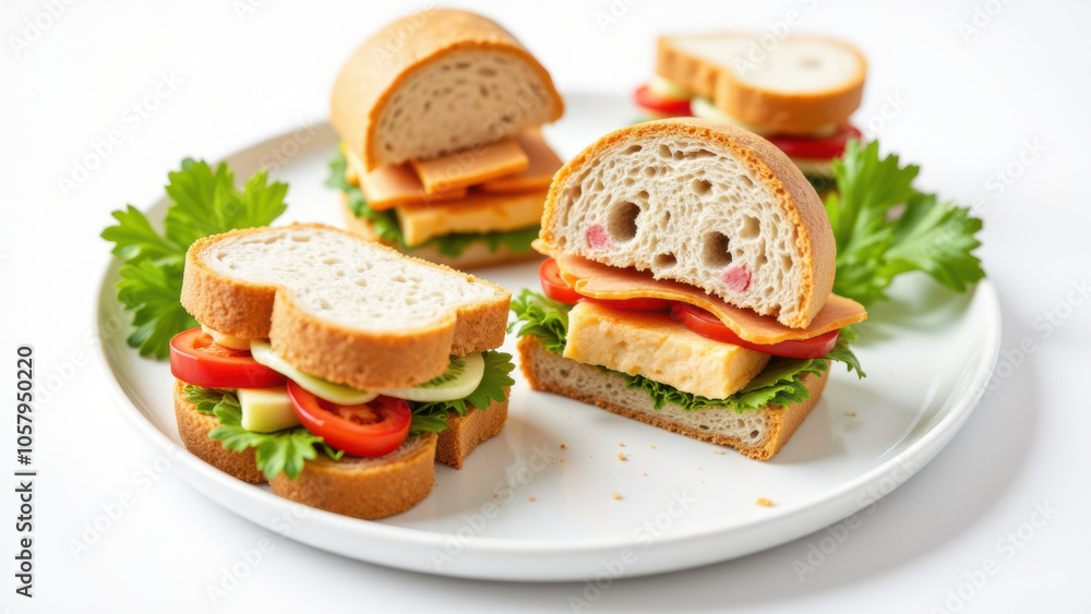 A plate with sliced sandwiches and a parsley garnish. A plate with sliced sandwiches and a parsley garnish.
