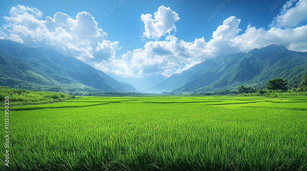stunning high panoramic view of lush green rice paddies, symbolizing growth, fertility, and tranquility in nature. The vibrant landscape captures the essence of sustainable agriculture and harmony stunning high panoramic view of lush green rice paddies, symbolizing growth, fertility, and tranquility in nature. The vibrant landscape captures the essence of sustainable agriculture and harmony