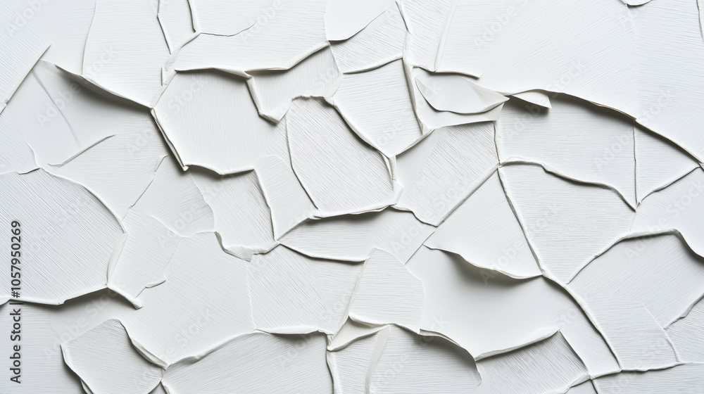 Close-up view of white textured surface with cracked paint forming abstract patterns and layered designs, showing detailed brush strokes and uneven texture. Close-up view of white textured surface with cracked paint forming abstract patterns and layered designs, showing detailed brush strokes and uneven texture.