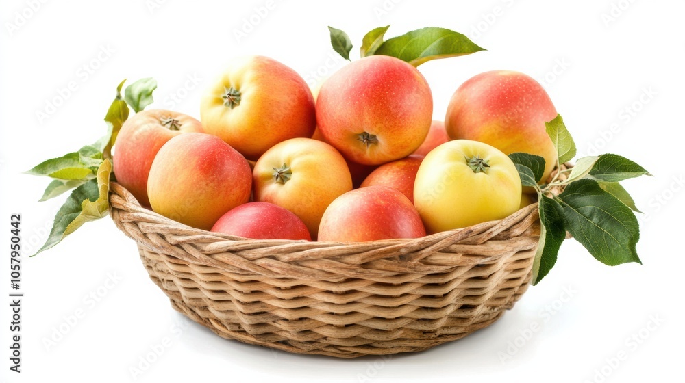 Basket of Fresh Apples with Green Leaves Basket of Fresh Apples with Green Leaves