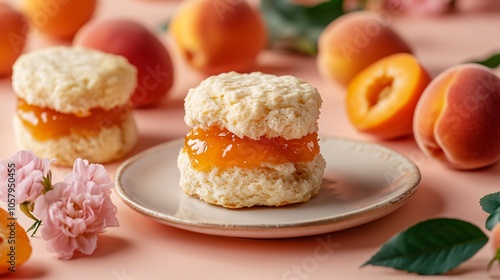 Scone with apricot jam, isolated on a soft peach background, with fresh apricots and floral accents