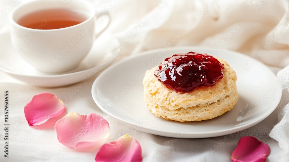 Scone with rose petal jam, isolated on a soft white background, with rose petals and tea accessories Scone with rose petal jam, isolated on a soft white background, with rose petals and tea accessories