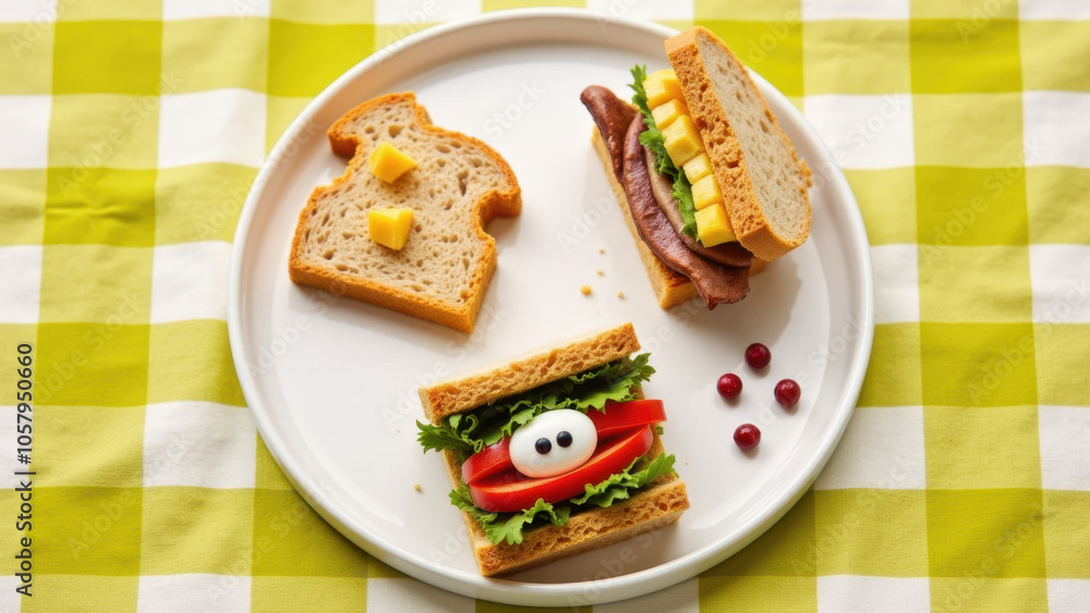Sandwiches on a plate with a checkered tablecloth. Sandwiches on a plate with a checkered tablecloth.