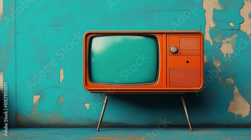 Retro orange television set on rustic turquoise wall with peeling paint and distressed textures photo