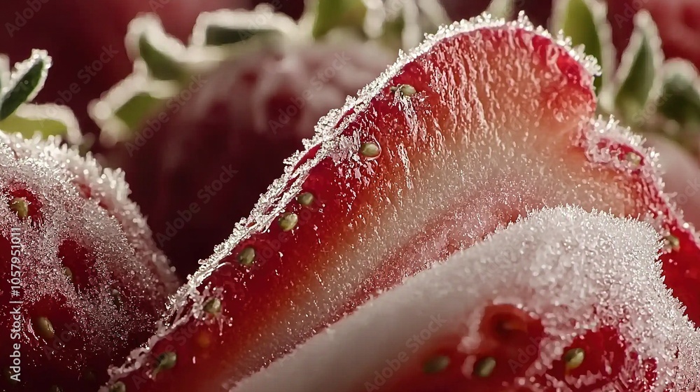 A close-up of a group of strawberries under ice and water droplets on a sunny winter day A close-up of a group of strawberries under ice and water droplets on a sunny winter day