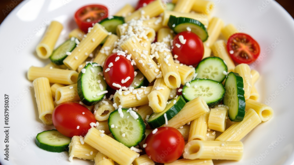 A close-up of a pasta dish with cherry tomatoes, cucumber, and Parmesan cheese. A close-up of a pasta dish with cherry tomatoes, cucumber, and Parmesan cheese.