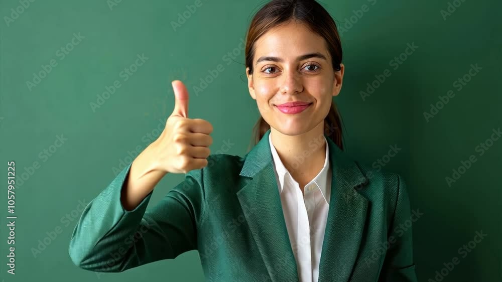 Confident woman in green suit gives thumbs up, showcasing positivity and success in professional portrait that radiates confidence and smiling demeanor. Confident woman in green suit gives thumbs up, showcasing positivity and success in professional portrait that radiates confidence and smiling demeanor.