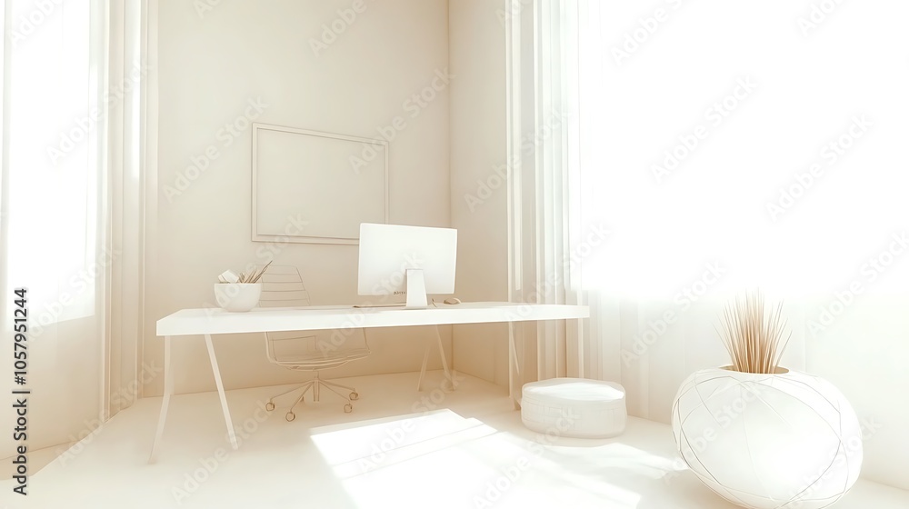 Modern Minimalistic Concrete Coworking Office room with Blank Walls, High Ceilings,and Mockup Frame Modern Minimalistic Concrete Coworking Office room with Blank Walls, High Ceilings,and Mockup Frame