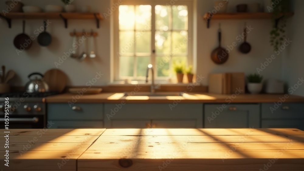 Brightly lit kitchen with wooden countertops and greenery in the window during the late afternoon. Empty space Brightly lit kitchen with wooden countertops and greenery in the window during the late afternoon. Empty space