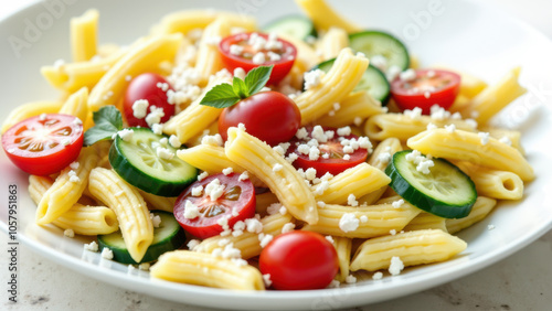 A plate of pasta with fresh tomato and cucumber slices.