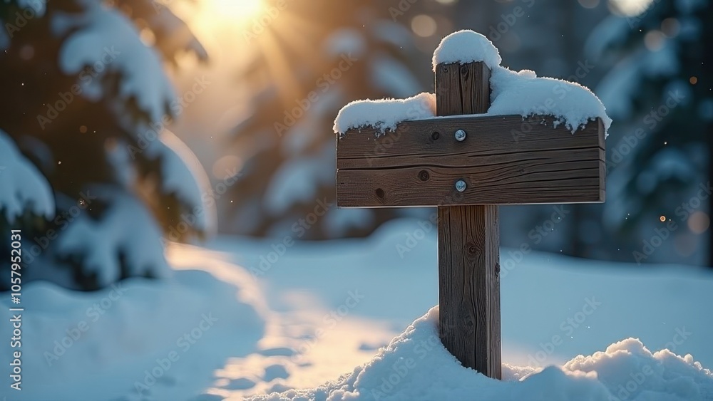 Naklejka premium Wooden signpost covered in snow during a winter sunset in a tranquil forest setting. Mock-up, empty space