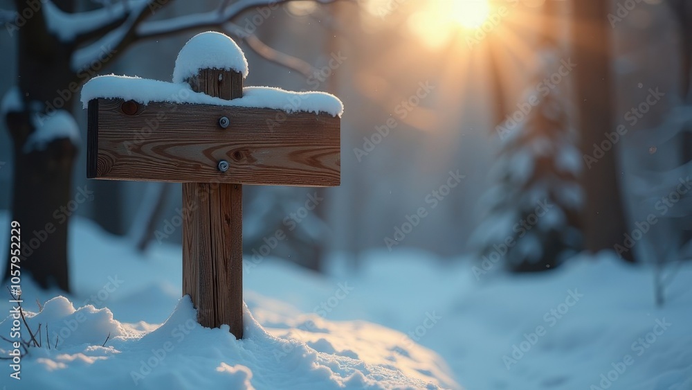 Naklejka premium A wooden sign covered in snow amidst a serene winter forest at sunrise