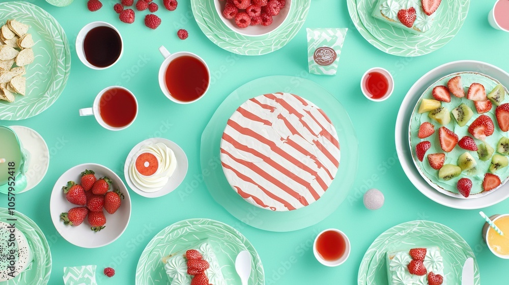 A table laden with dishes of food and an array of fruits adjacent to a yogurt bowl and a strawberry bowl A table laden with dishes of food and an array of fruits adjacent to a yogurt bowl and a strawberry bowl