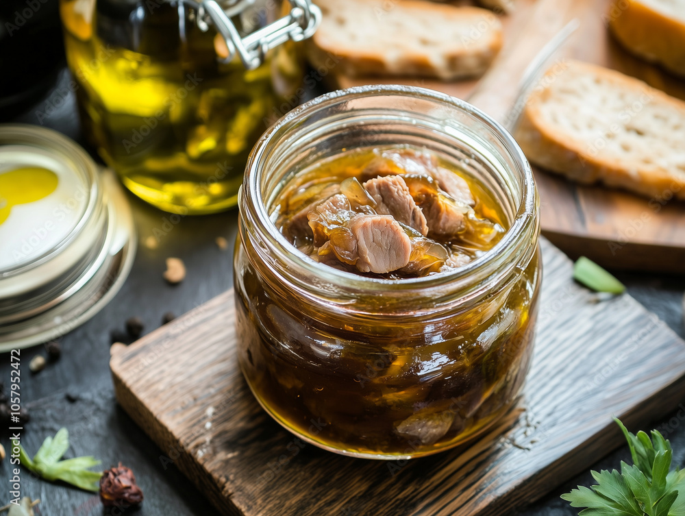 Marinated meat in a glass jar with olive oil and bread slices Marinated meat in a glass jar with olive oil and bread slices