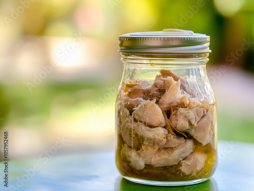 Marinated chicken in a mason jar with herbs and oil photo