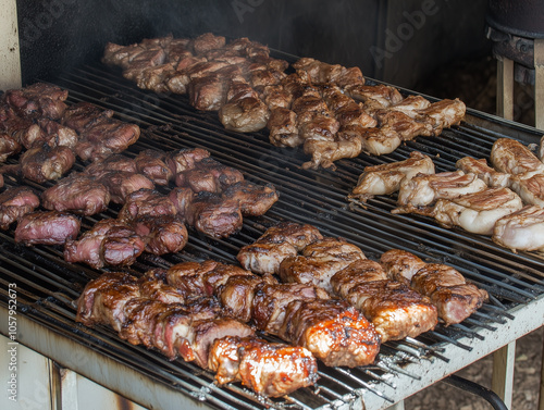 Assortment of meats grilling over an open flame photo