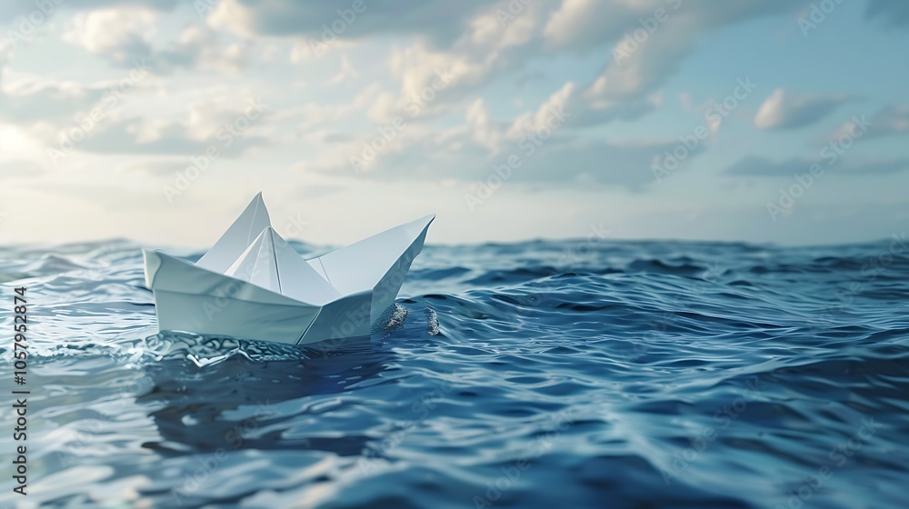 Obraz premium A small white paper boat is floating on the vast ocean. The boat is being carried away by the waves. The sky is blue and cloudy.