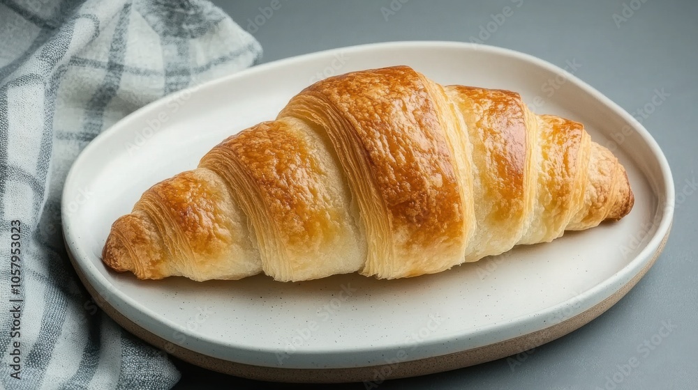 セラミックプレートにのせたクラシックなフランスのクロワッサン:おいしい朝食のフラットレイ セラミックプレートにのせたクラシックなフランスのクロワッサン:おいしい朝食のフラットレイ