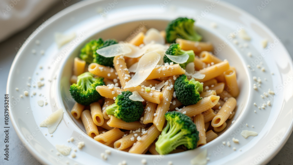 A plate of pasta with broccoli and grated cheese. A plate of pasta with broccoli and grated cheese.