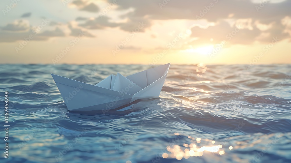 Obraz premium A paper boat floating on the water. The boat is white and the water is blue. The sun is setting in the background and the sky is orange.