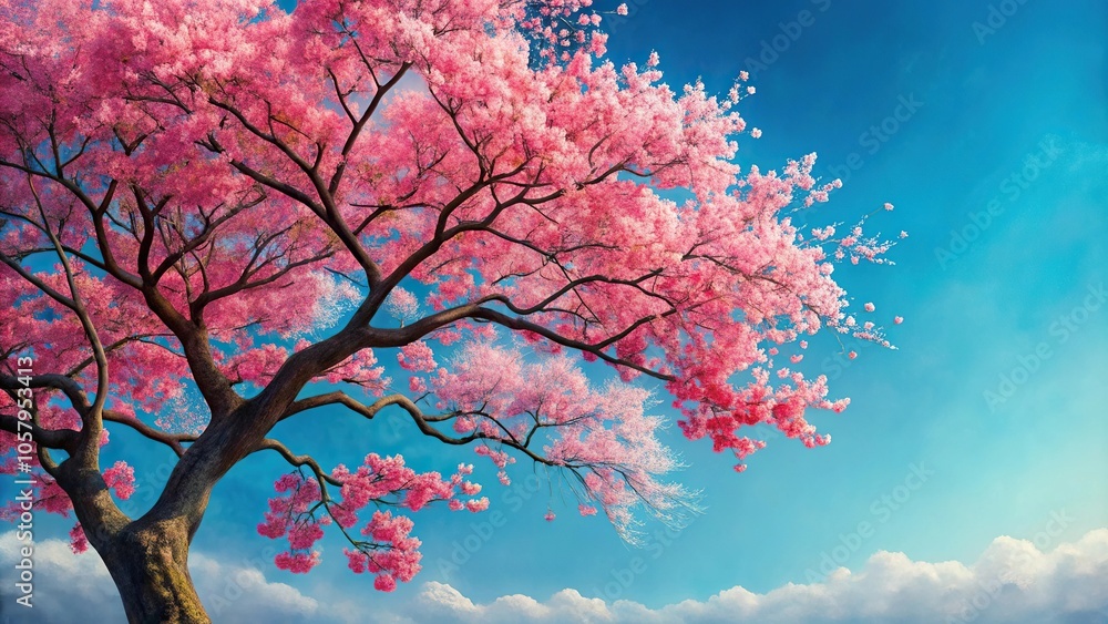 macro painting of sakura tree with red flowers on blue sky background macro painting of sakura tree with red flowers on blue sky background