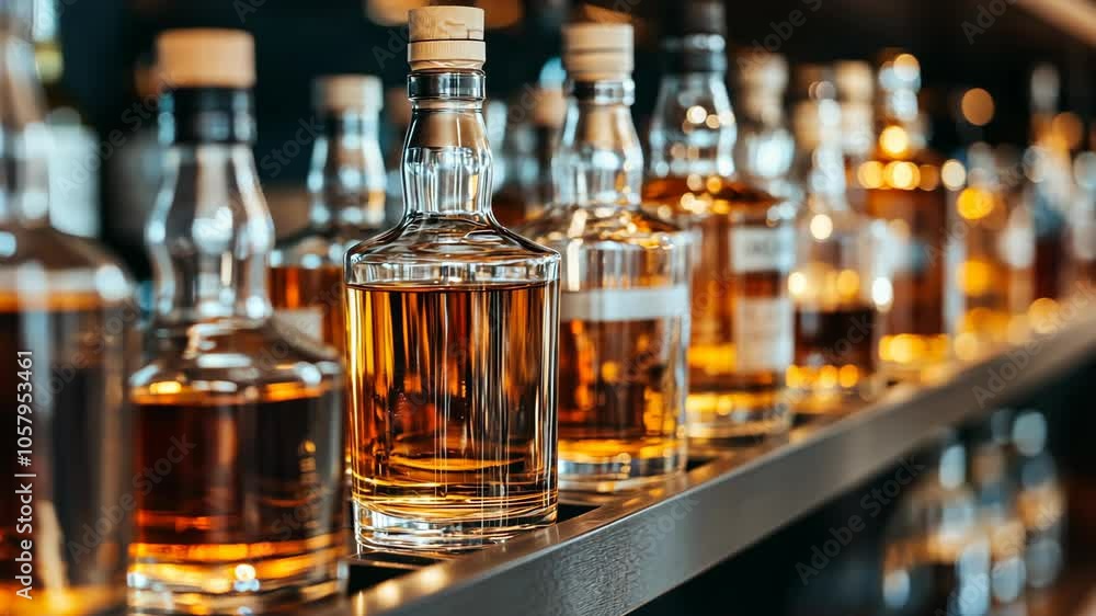 A row of glass bottles filled with amber liquid sits on a shelf in a bar or liquor store A row of glass bottles filled with amber liquid sits on a shelf in a bar or liquor store