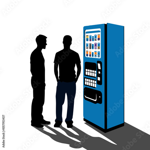 Two men  standing by a vending machine in silhouette black
