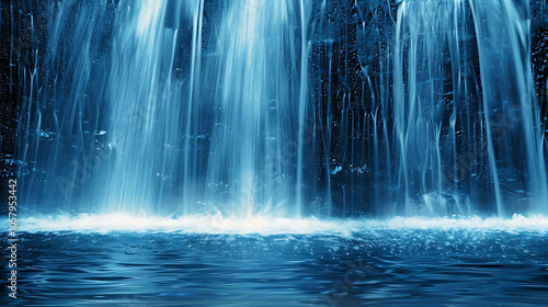 This is a beautiful image of a waterfall. The water is crystal clear and blue, and it falls from a great height.