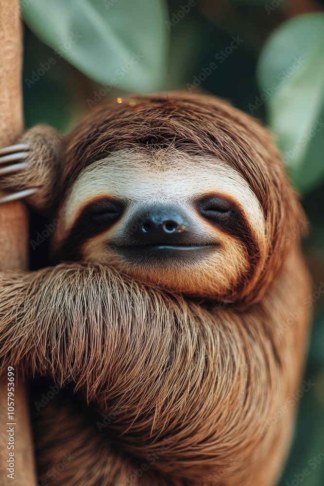 A smiling sloth clinging to a tree branch, showcasing its adorable features. A smiling sloth clinging to a tree branch, showcasing its adorable features.