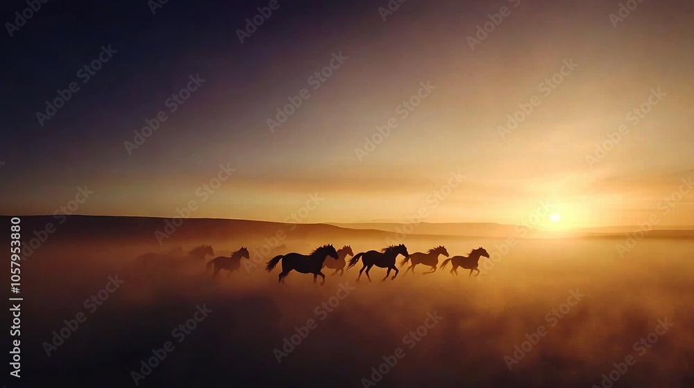 A picture depicts a horse group galloping in a foggy field while the sun is setting on the horizon A picture depicts a horse group galloping in a foggy field while the sun is setting on the horizon