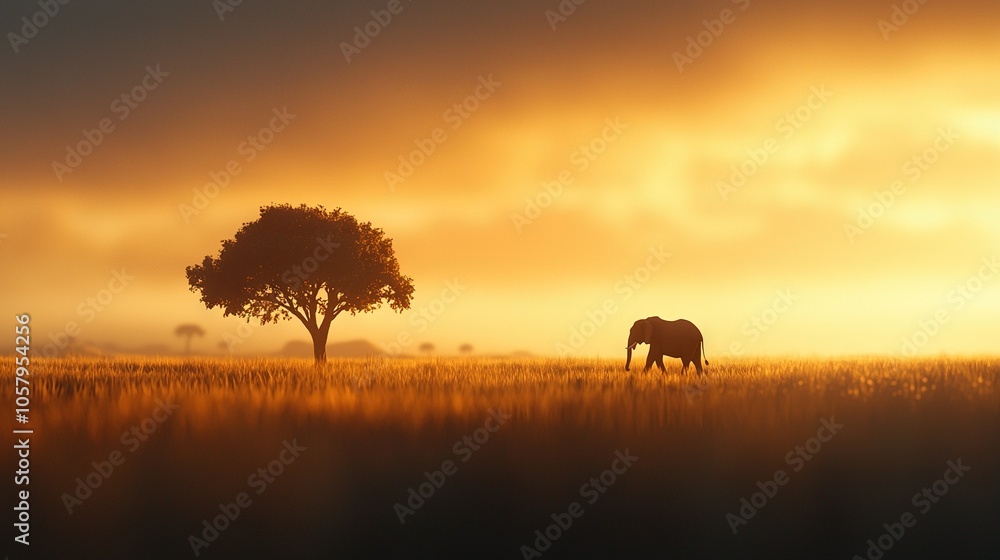 Elephant standing alone in field with tree in foreground and sunset in background Elephant standing alone in field with tree in foreground and sunset in background