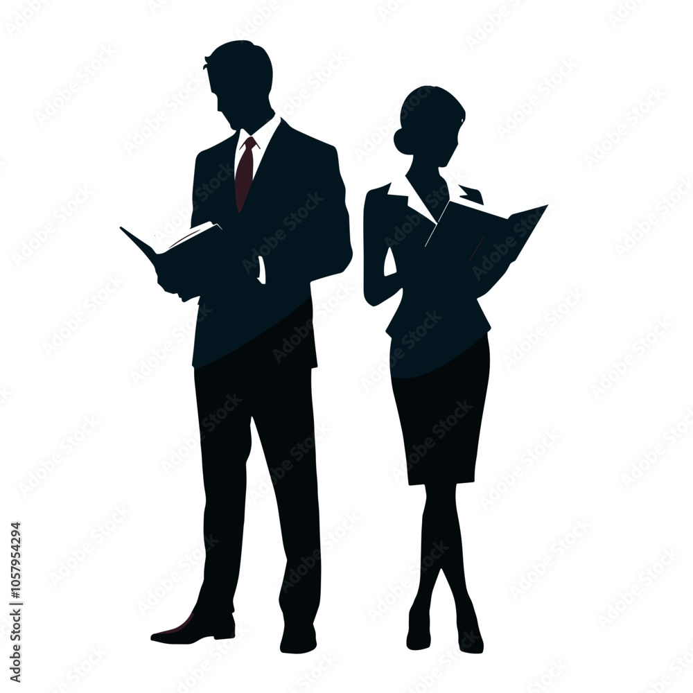 Silhouette of a businessman and businesswoman reading books Silhouette of a businessman and businesswoman reading books