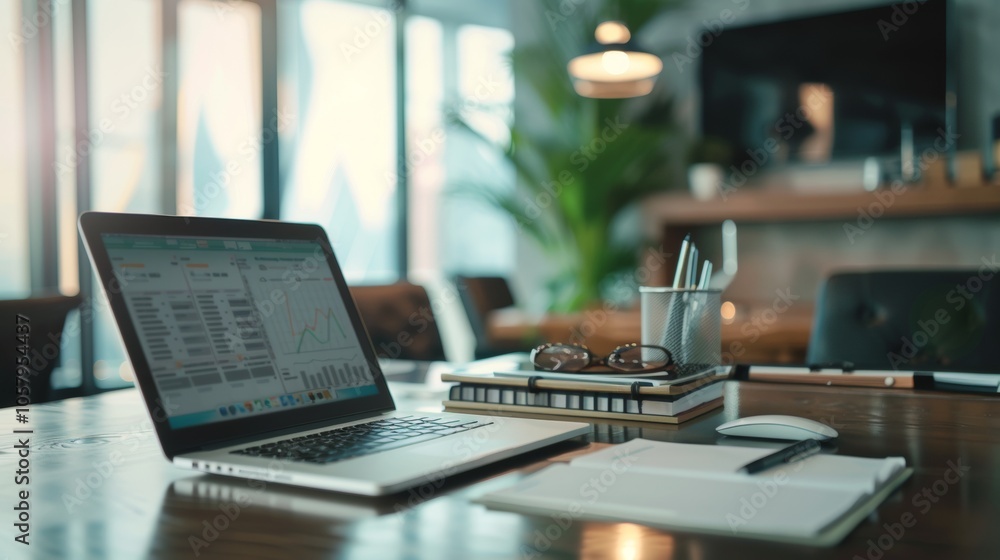 Modern workspace with laptop displaying data analysis