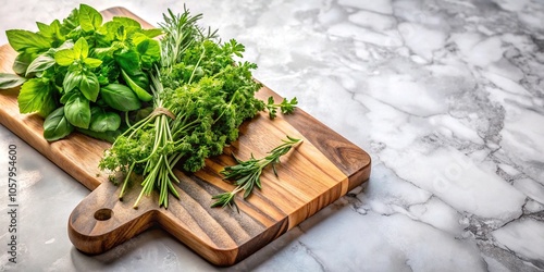 Macro wooden cutting board with fresh green herbs on marble counter perfect for cooking kitchen culinary themes photo